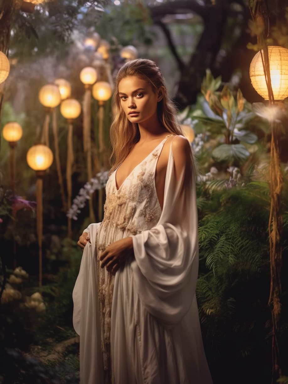 AI generated: Close up of a woman in a white dress posing for a picture, nina agdal, in a deep lush jungle at nigh...