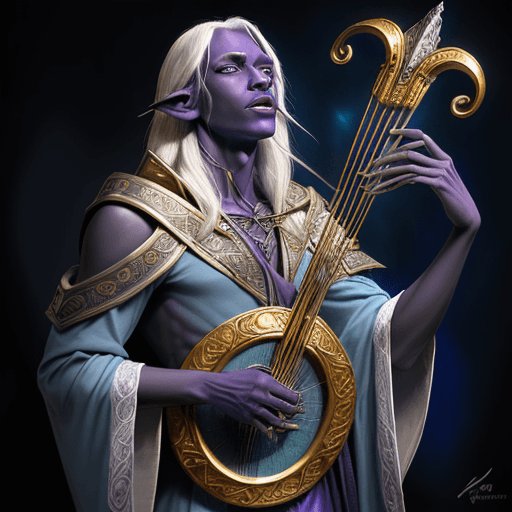 AI generated: Dungeons and Dragons 5e Male Half-Drow Bard, dark-blue skin, chaotic neutral, airbrushed fantasy art...