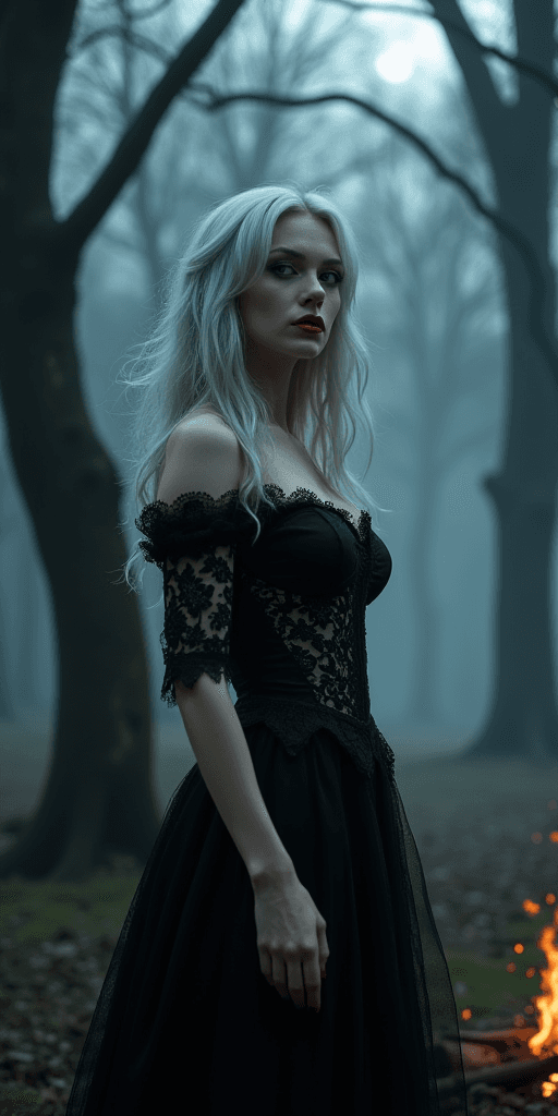 AI generated: A hyper-detailed, cinematic close-up of a silver-haired vampire woman emerging from a moonlit forest...
