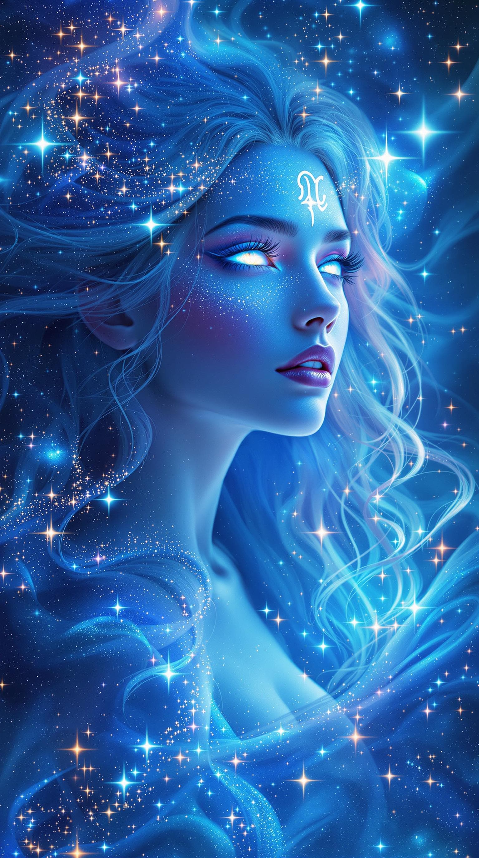 AI generated:  Image is a digital fantasy artwork featuring an ethereal woman with sea colors eyes Aquarius,the zo...