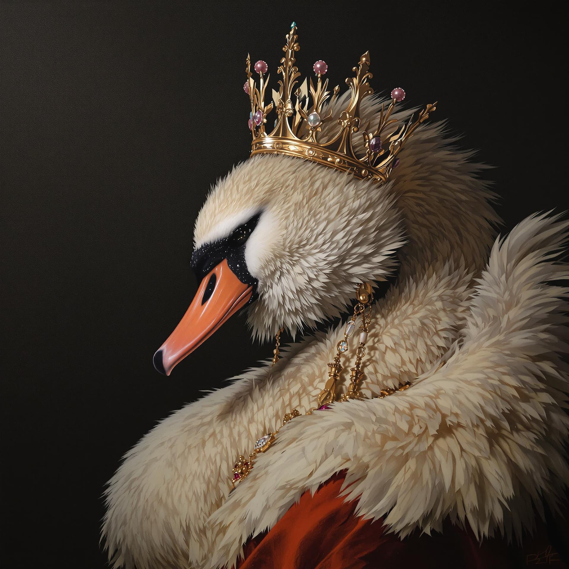 AI generated: surrealistic, realistic painting, royal portrait of a swan human hybrid, picture in picture, side vi...