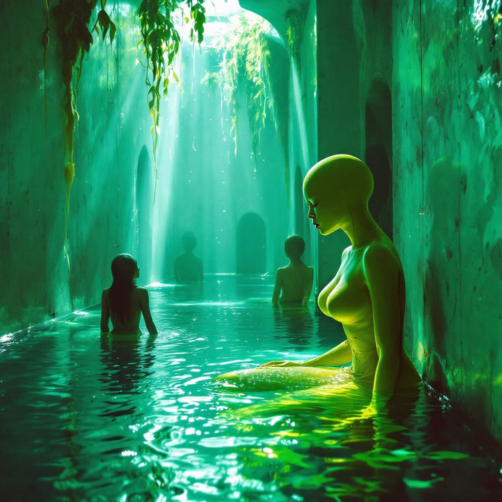 AI generated: Liminal space back rooms, yellow rooms, pool rooms, water maiden in yellow suits a very strange envi...