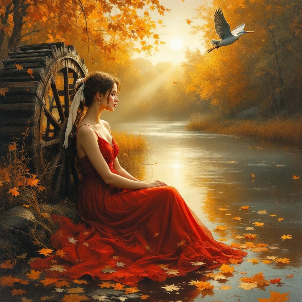 AI generated: A woman in a flowing red dress with a white ribbon tied in her hair rests beside a weathered water w...