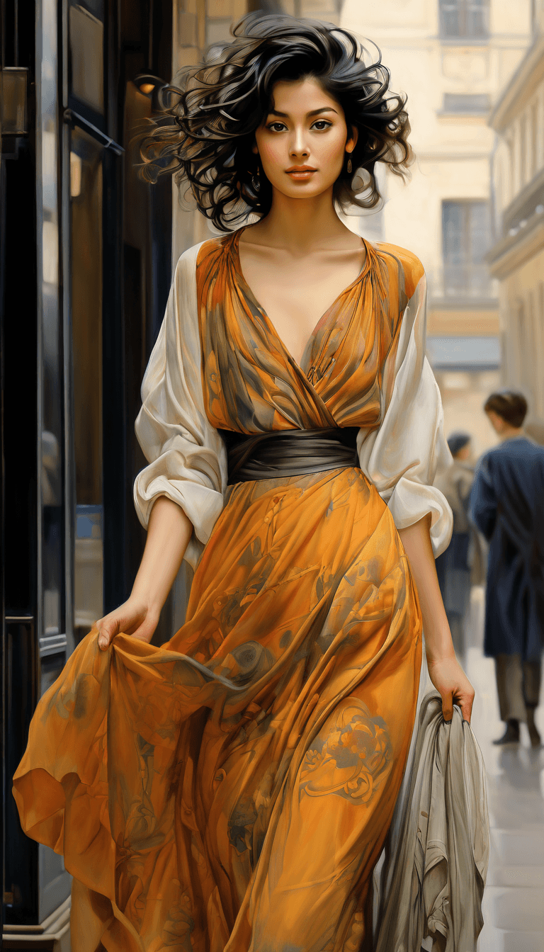 AI generated: A full body portrait of a cheerful gorgeous young (Italian|Japanese|Irish) woman, walking down the s...