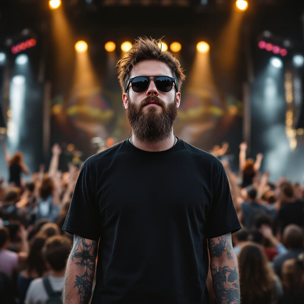 AI generated: A young Caucasian man with short brown hair, long beard, wearing sunglasses and a black t-shirt, som...