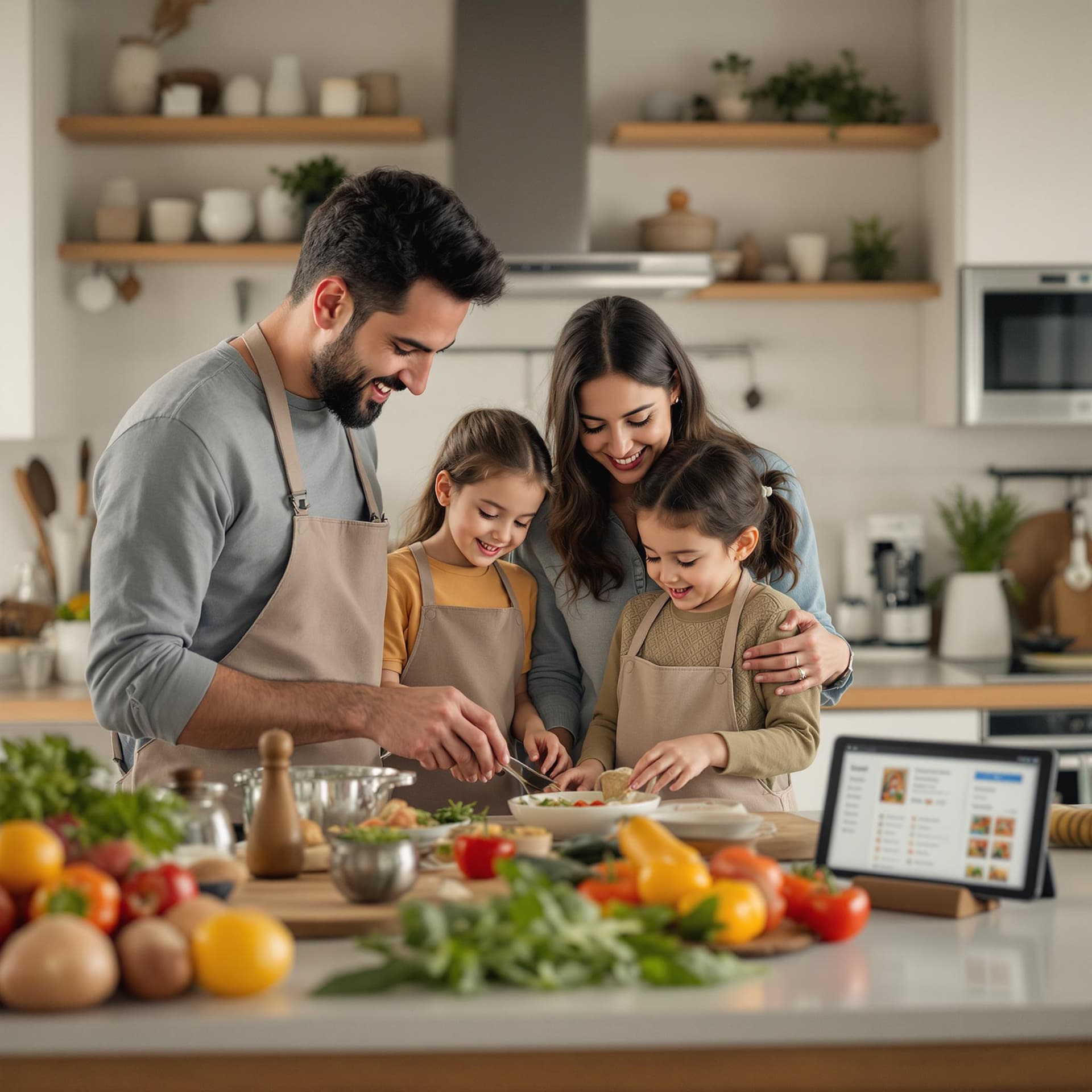 AI generated: A warm, inviting image of a family cooking together in a modern kitchen, with fresh ingredients and ...