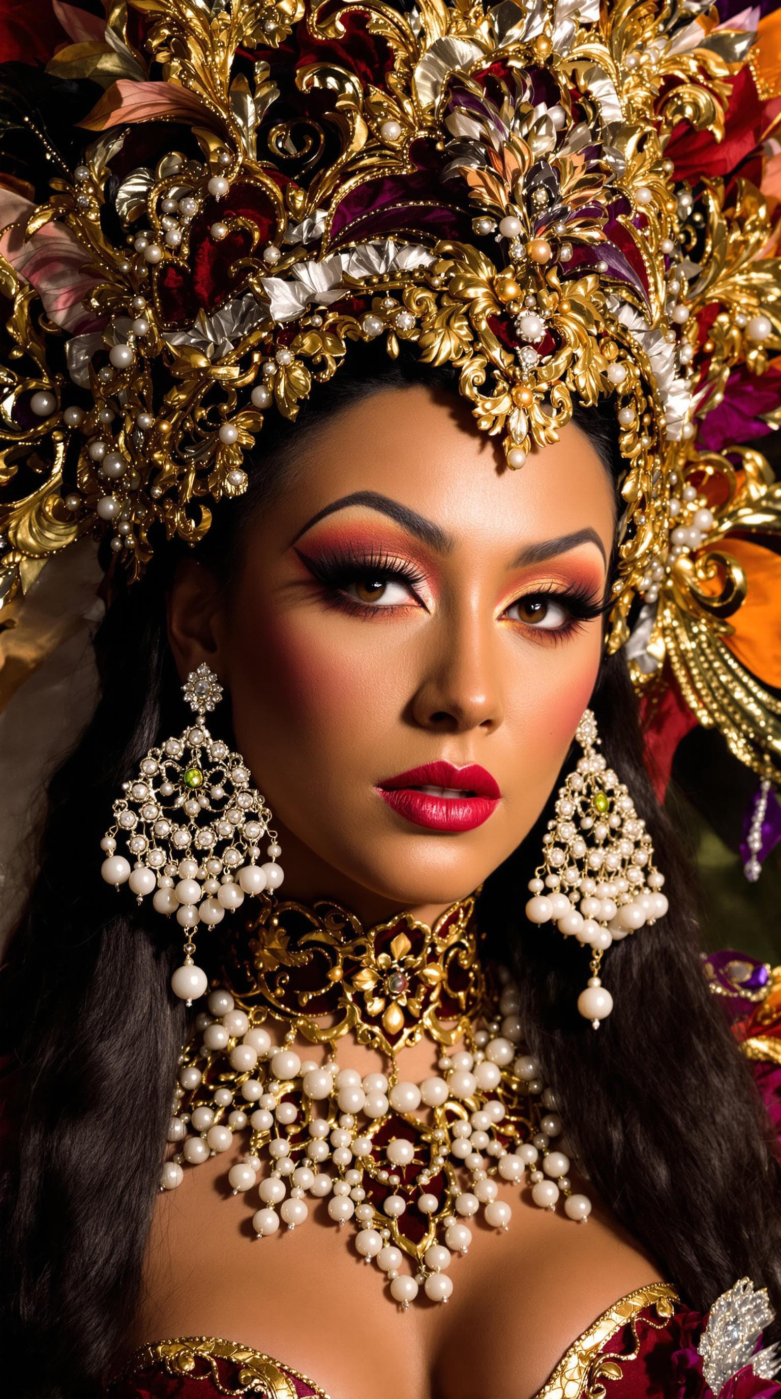 AI generated: "Image is a highly stylised portrait featuring a carnival woman dancer with a striking and elaborate...