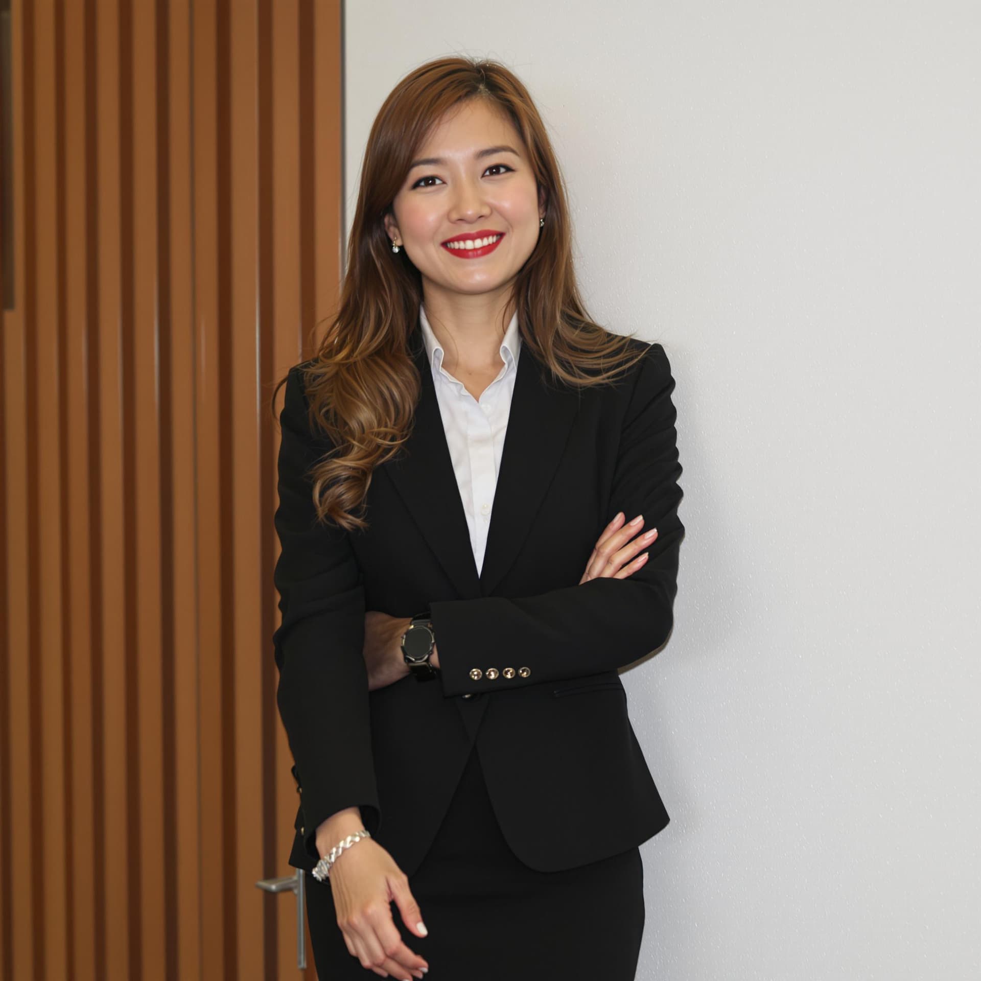 AI generated: asian woman in business professional attire, white wall