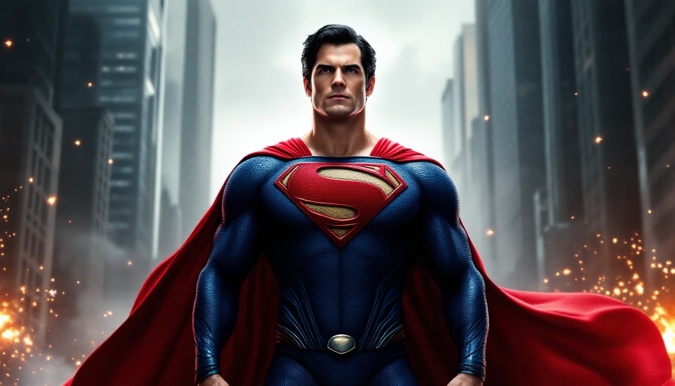 AI generated: A cinematic action movie poster featuring a superhero resembling Superman but with a plain chest — n...