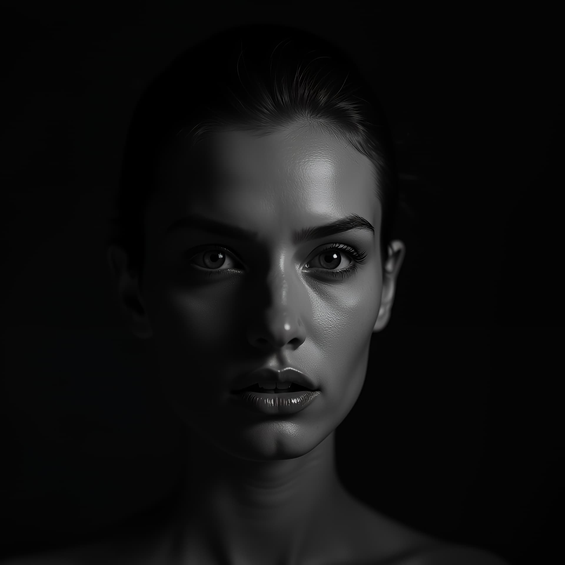 AI generated: dramatic black and white portrait of a 22-year-old Serbian model with dark piercing eyes, angular ja...
