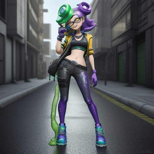 AI generated: splatoon 3 character, 3d model, adult lady, street style, unreal engine 5, green slime melt, blue an...