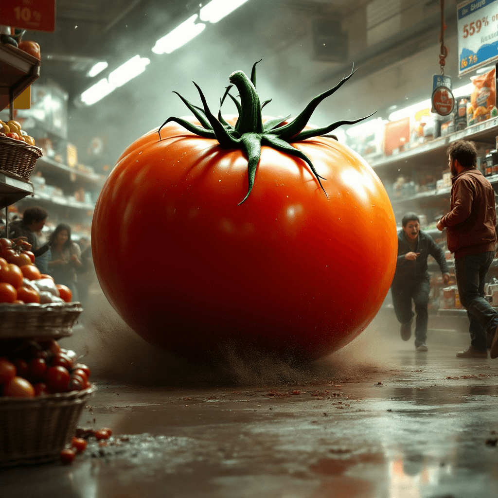 AI generated: a giant tomato on the ground chasing after people store ,  the customers are running away from it 
 ...