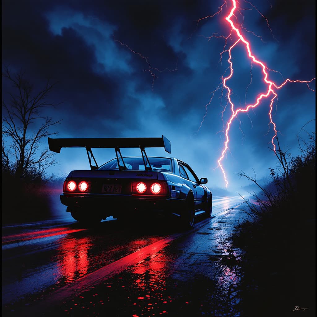 AI generated: void pursuit
old JDM car
looking at camera
red lightning eyes
90's poster