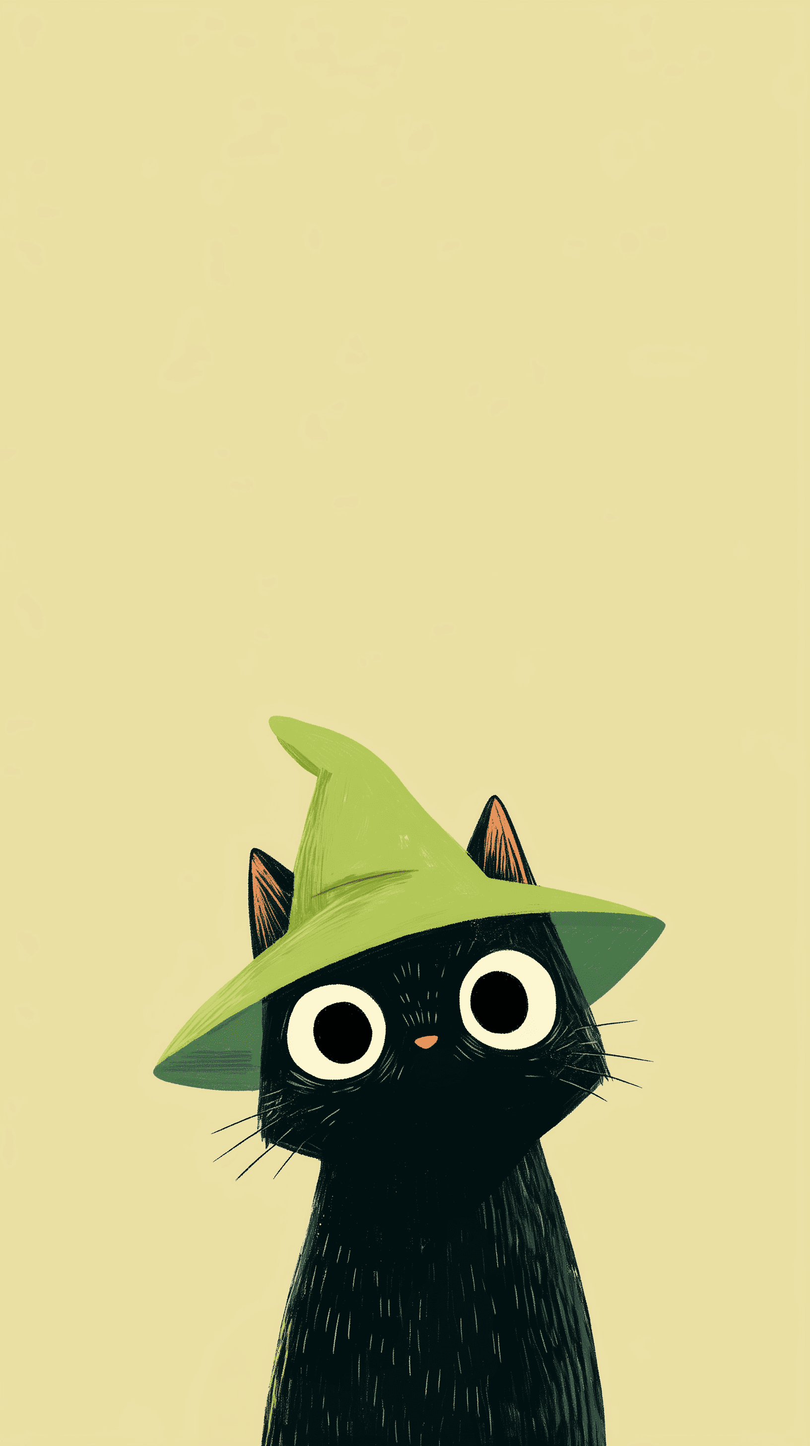 AI generated: cute black cat character, tiny green witch hat, big eyes, minimal linework, solid background --ar 9:...
