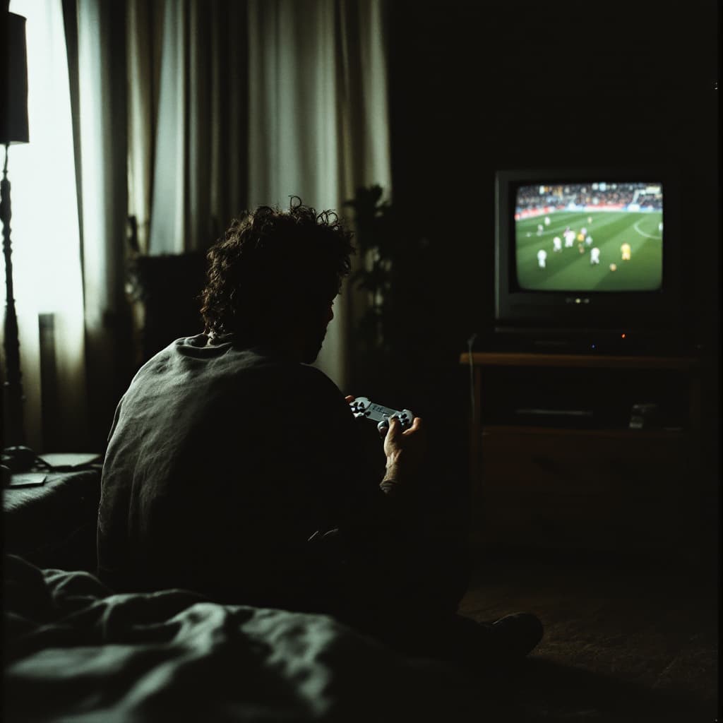 AI generated: Grungy analog photo of Luis Figo circa 2000 playing Fifa 2000 on Playstation 1 on a 90s CRT TV in a ...