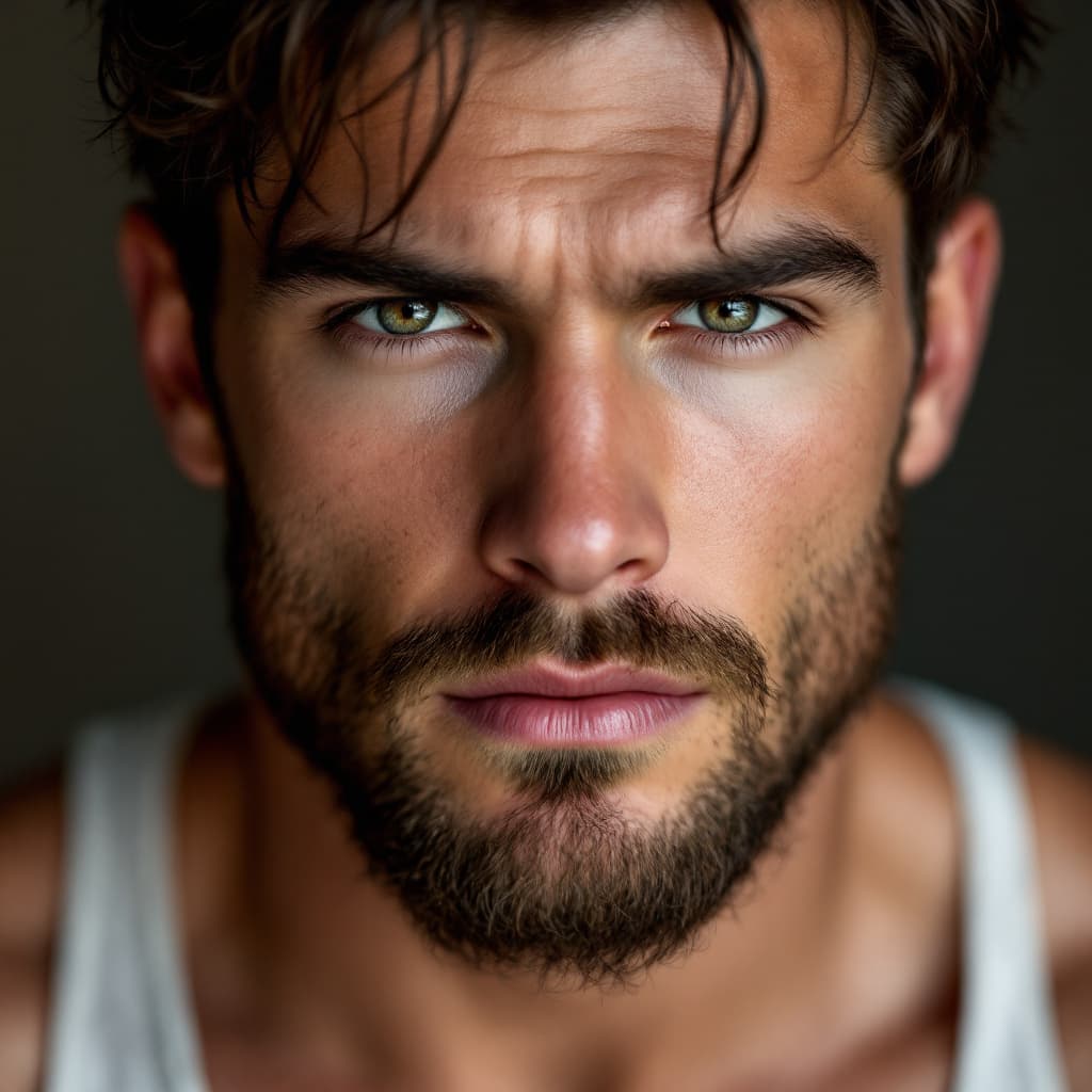 AI generated: A male in his 20's,muscular, face is very masculine.  the width of his chins is wide,his eyes are ho...