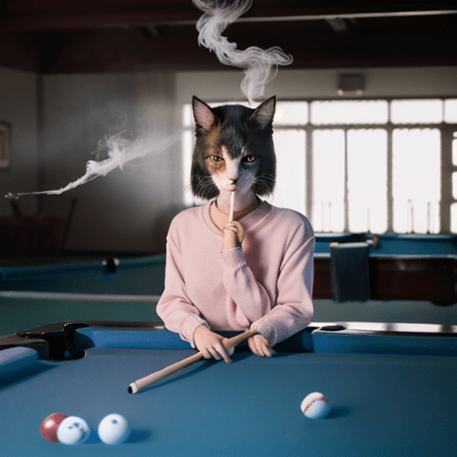 AI generated: Dramatic photo, visual tension, anthropomorphic real cute cat, wearing pink casual wear, holding a p...