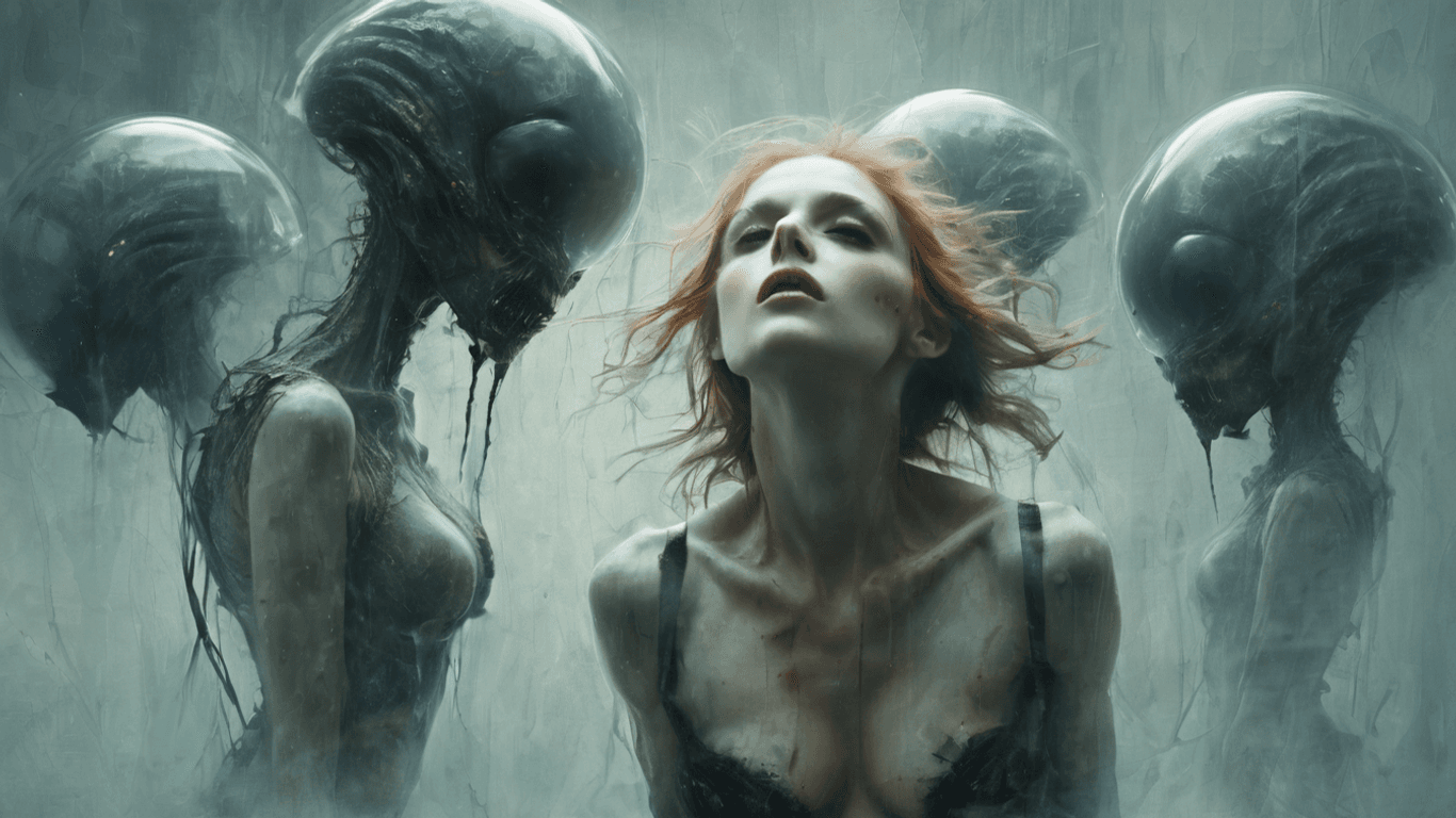 AI generated: A mix of Jarek Kubicki, Pam Hawkes, Keren Cytter and Jenny Okumura styles. Gorgeous buxom female ali...