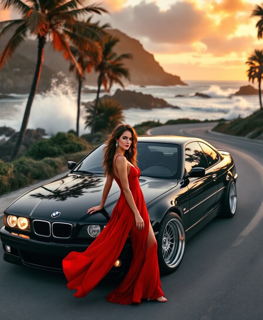 AI generated: A sleek BMW E38, its glossy black paint reflecting the golden hues of a sunset, stands proudly on a ...