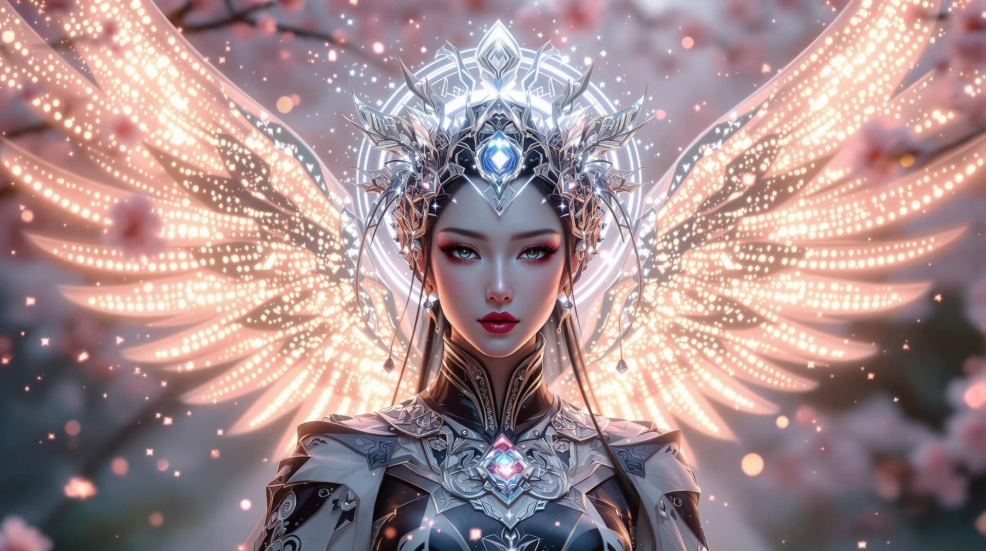 AI generated:  futuristic archangel character with a beautiful, delicate Japanese face, geisha-inspired features, ...