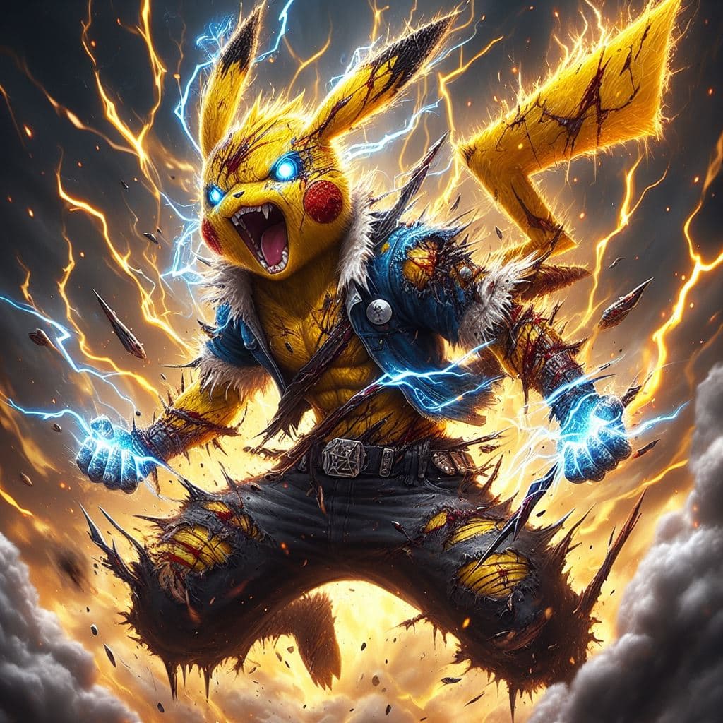 AI generated: Badass Pikachu, beast, fighting at war, injured and dirty, ripped clothes, raging, character design,...