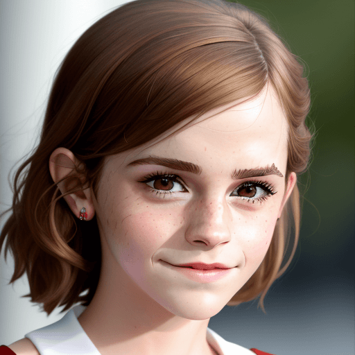 AI generated: Emma Watson, Extreme close-up face, red face, embarassed, smile, looking away.