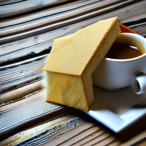 AI generated: A photo of a wooden table with a breakfast sandwich, wrapped in yellow paper, and a cup of coffee wi...