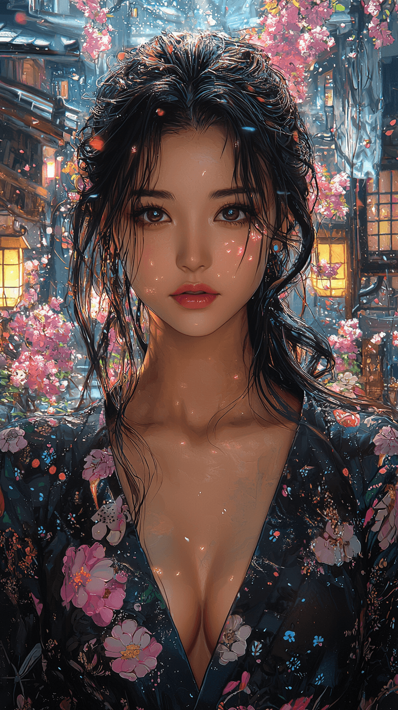 AI generated: A mesmerizing portrait of a woman in a deep V-neck top, combining elements of Japanese ukiyo-e art a...