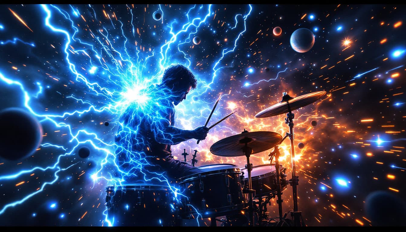 AI generated: Side Shot – The Drummer Summoning a Cosmic Storm (Dynamic Motion, High Energy Framing)
With every hi...