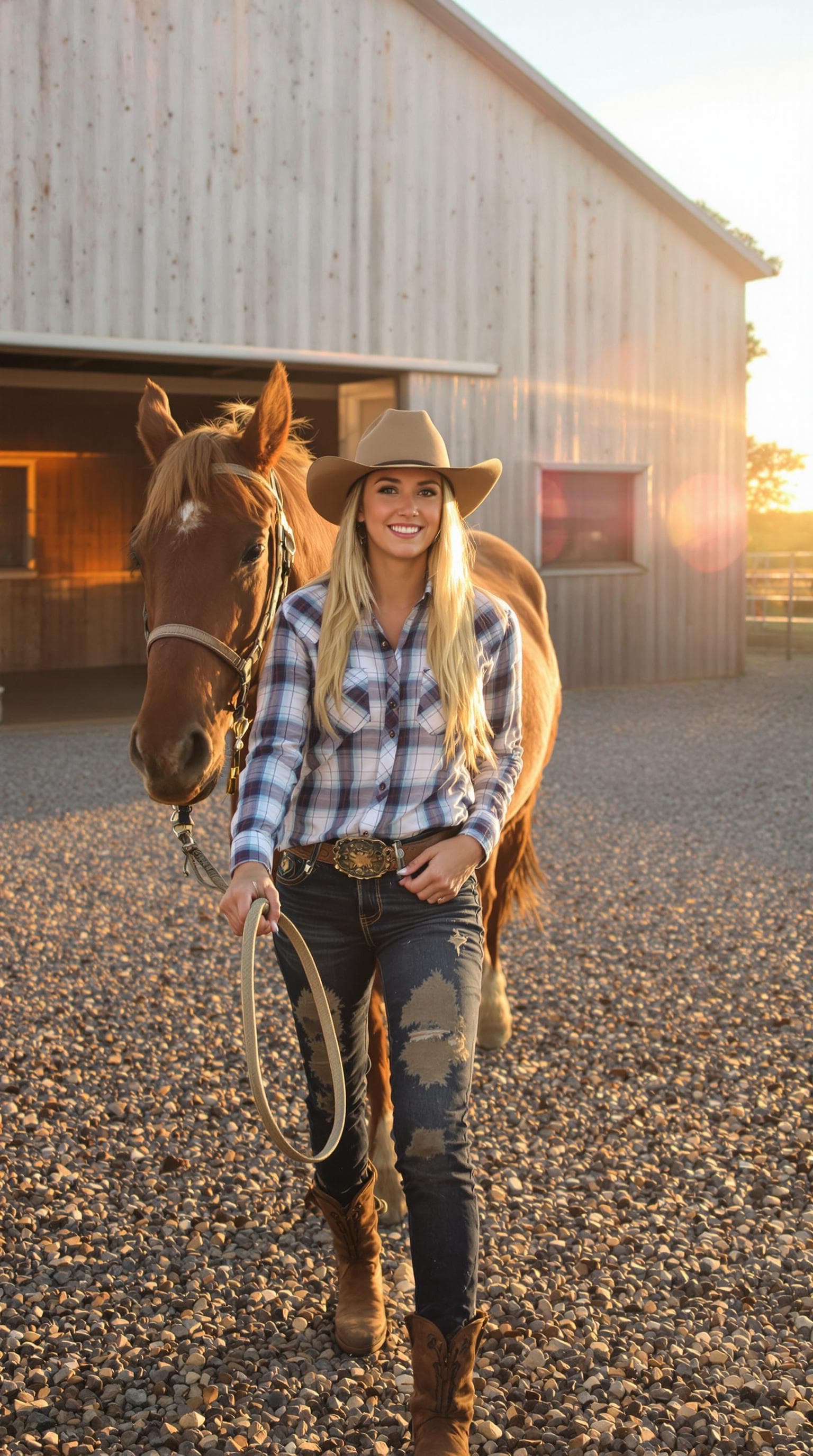 AI generated: Savannah James, blonde cowgirl with tan hat and blue plaid shirt, in dirt-stained denim jeans, leadi...