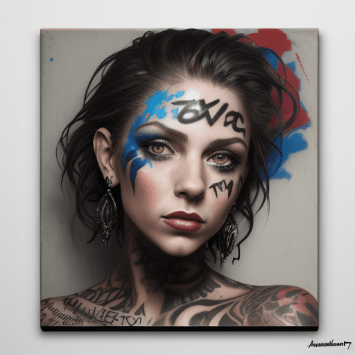 AI generated: a painting of a tatooed woman with graffiti on it, in the style of patrick demarchelier, mixed media...