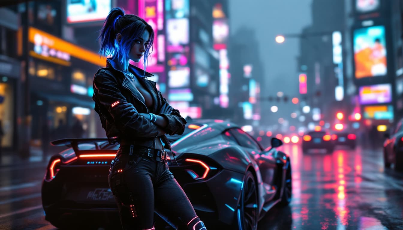 AI generated: A full-body cyberpunk woman leans against a sleek, matte-black neon sports car, arms crossed, exudin...