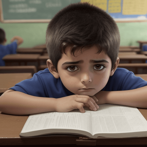 AI generated: Un niño tímido y de origen humilde, durante su primer día de clases, en el cual debe soportar los ma...