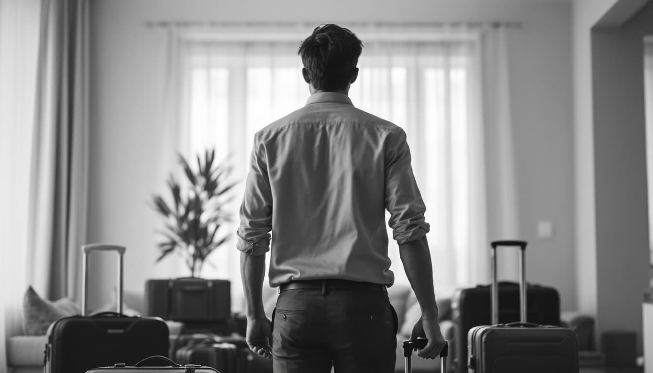 AI generated:  high definition black n white - camera shot from behind- man with suitcases in a room
