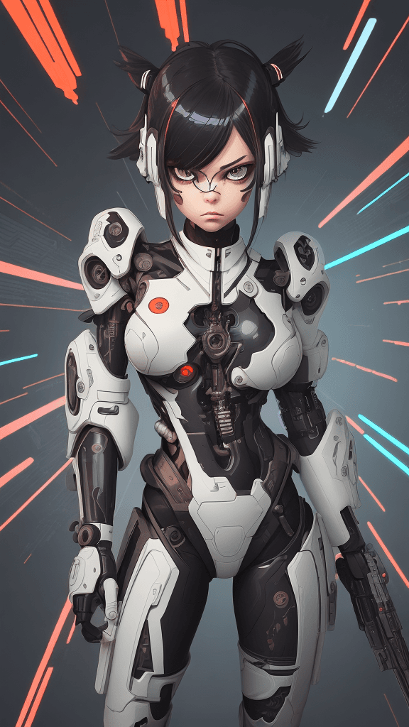 AI generated: in a neutral background portrait of little ((((Cyborg/army/female)))):4.4, shoot a ((weapon)):3.4, P...