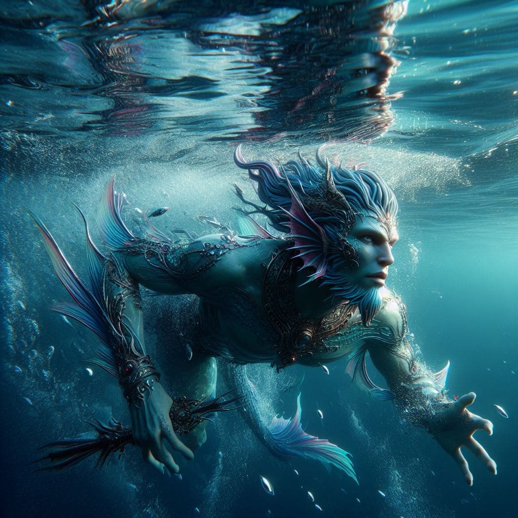 AI generated: Beneath the surface of a crystal-clear lake, Nereus, a regal merman warlord, commands his aquatic le...