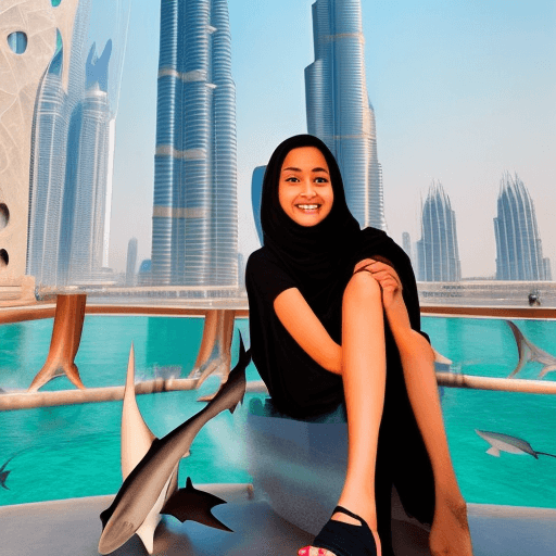 AI generated: Beautiful girl with sharks, backdrop Burj Khalifa