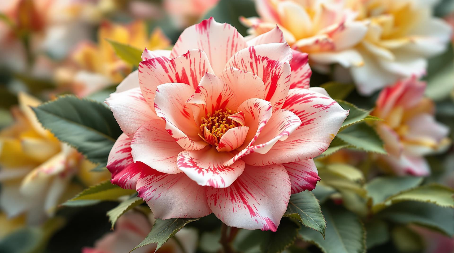 AI generated:  an hybrid 3d fictive flowers,close up,rose x camelia,the flowers are in a gradiation  of white,red ...