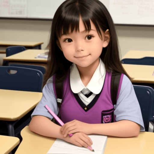 AI generated: Adorable 10 year old girl, asian, school outfit, in class.