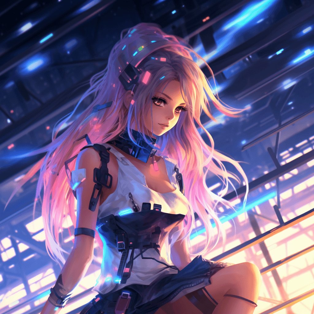 AI generated: full-length girl photograph, Cyberpunk anime girl with rainbow (pink and blue) tail hair and pink ey...