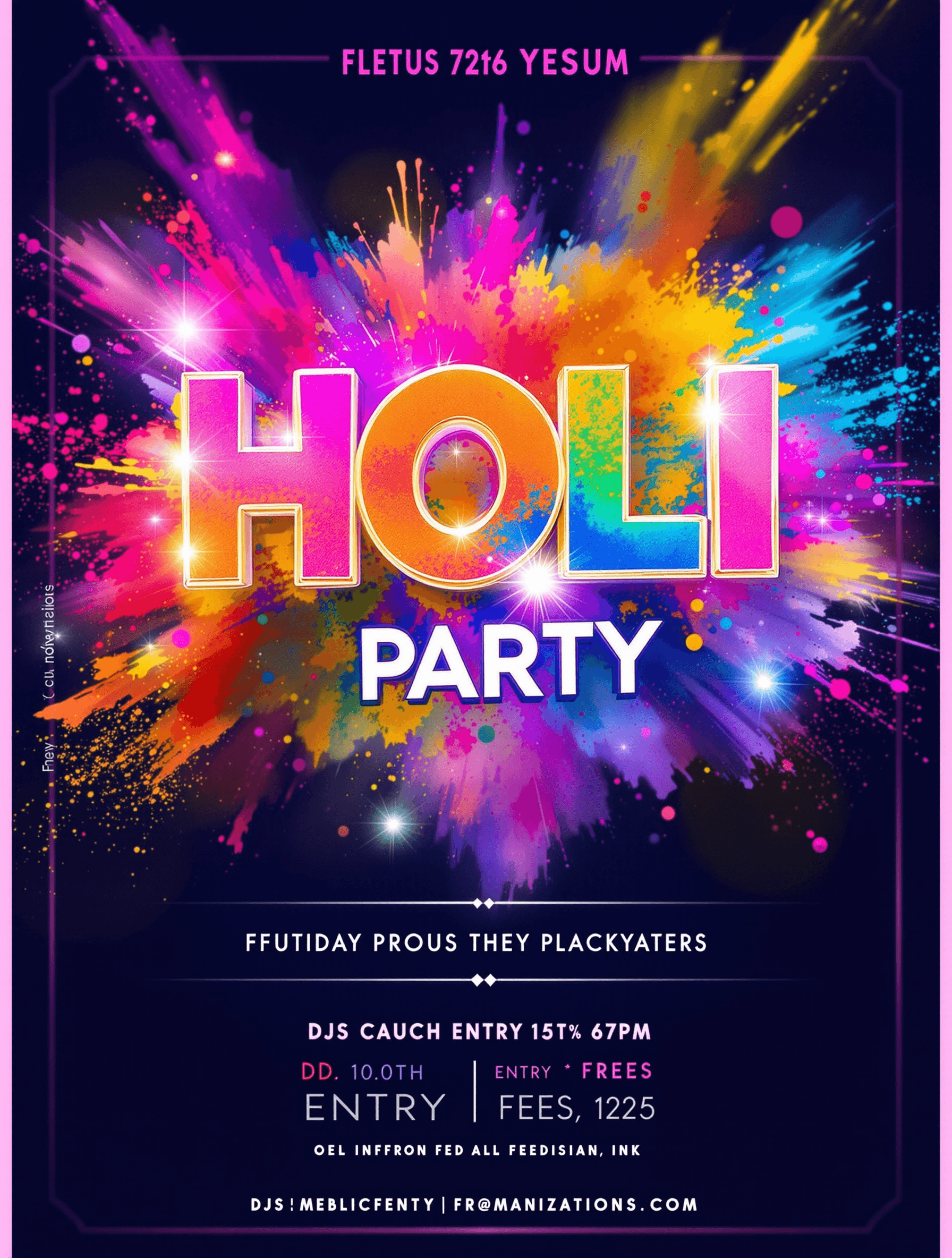 AI generated: Dynamic Holi party poster featuring vibrant, colorful powder splatters.  Bold, stylized "HOLI Party"...