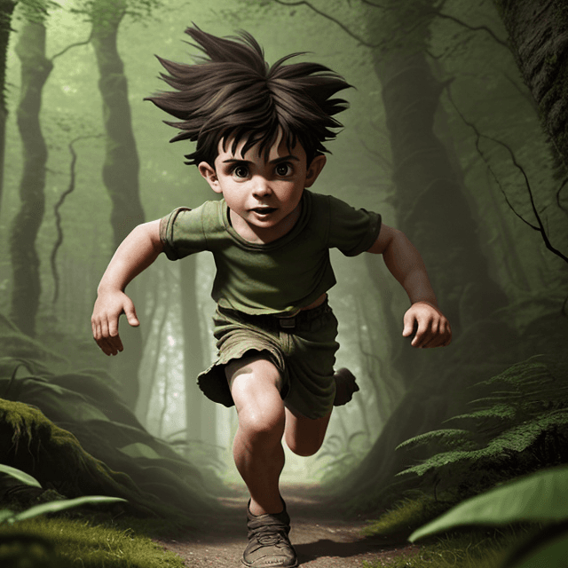 AI generated:  a young prehistoric boy running in a prehistoric forest, frontal  view, 8k