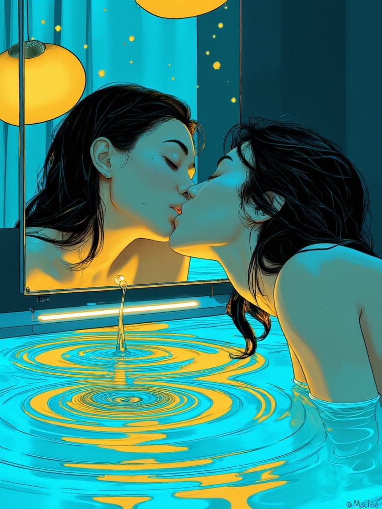 AI generated: A bold and vibrant modern illustration of a beautiful woman leaning towards her reflection in a slee...