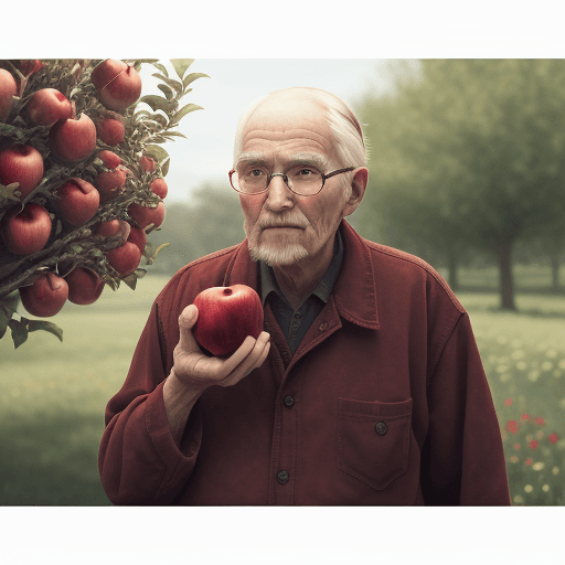 AI generated: a old man holds an apple. the apple is red in color. the girl says it is good. cinematic. 8k. the ba...