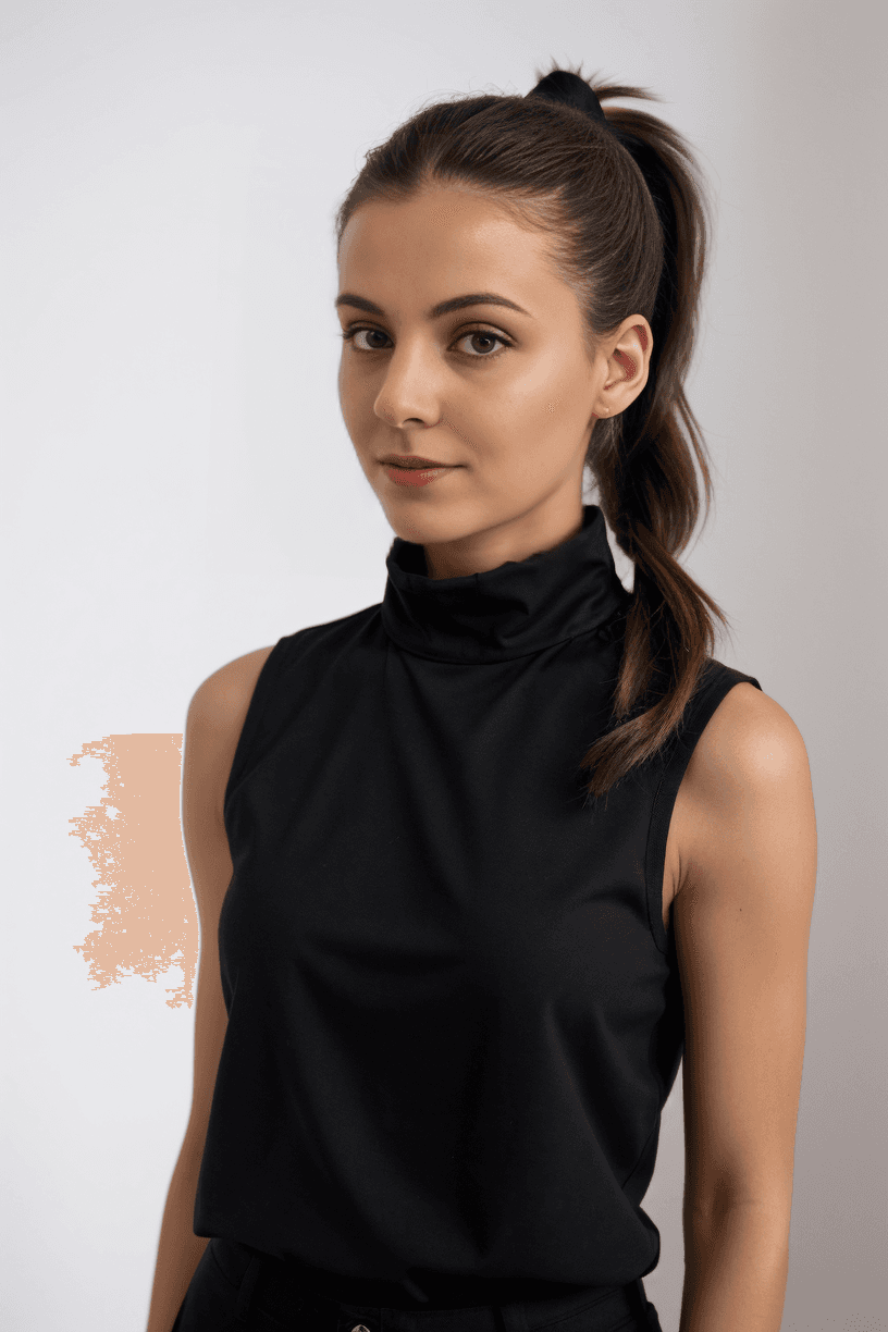 AI generated: a woman with a ponytail wearing a black top and a ponytail with a ponytail in it's hair,product phot...