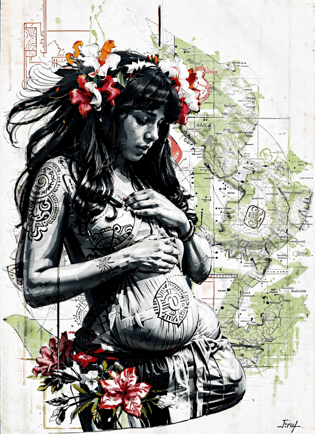 AI generated: line art drawing A naked pregnant:2.0 tatooed polynesian woman holding her belly, wearing a red flow...