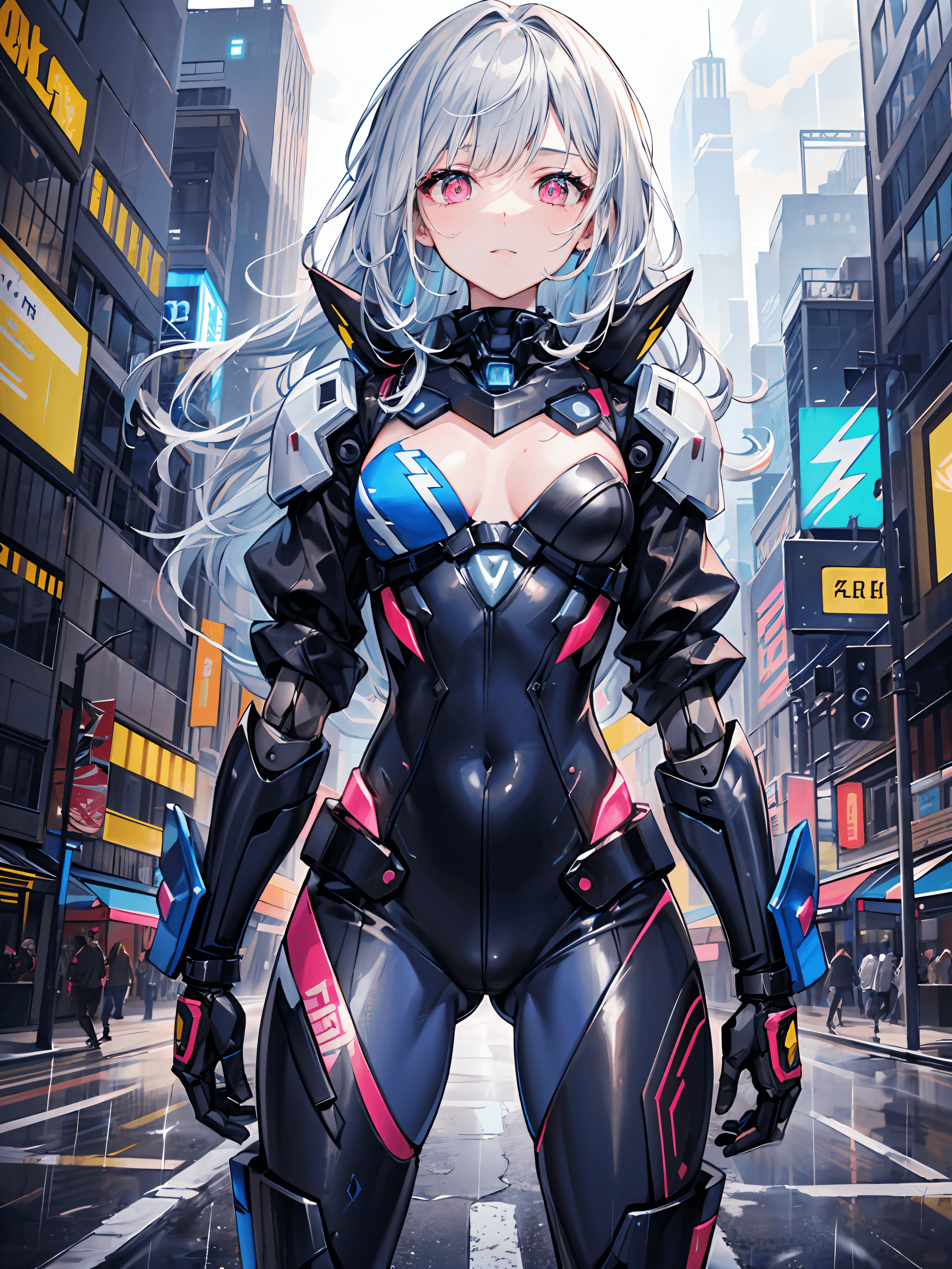 AI generated: ((masterpiece:1.4, best quality))+, (ultra detailed)+, blue hair , wolfcut, pink eyes, 1 girl,cyberp...