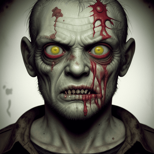 AI generated: cinematic still portrait, filmed by George A. Romero, without nose, hiper realistic deranged zombie ...