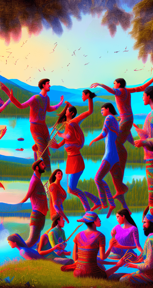 AI generated: Psychedelic group of young people men and women near lake in Georgia. Some people play on musical in...