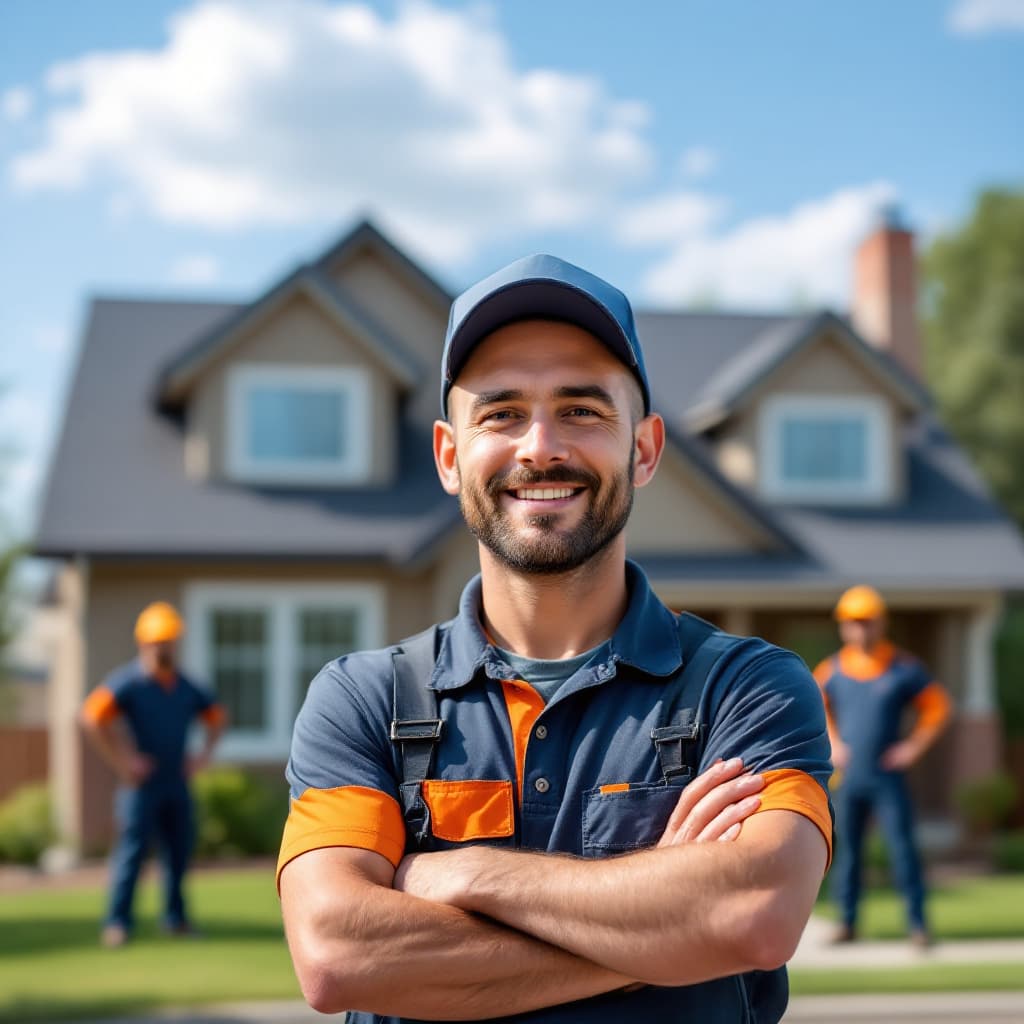 AI generated: realistic photograph of roofing contractor standing infront of a house that has a new roof.

The roo...